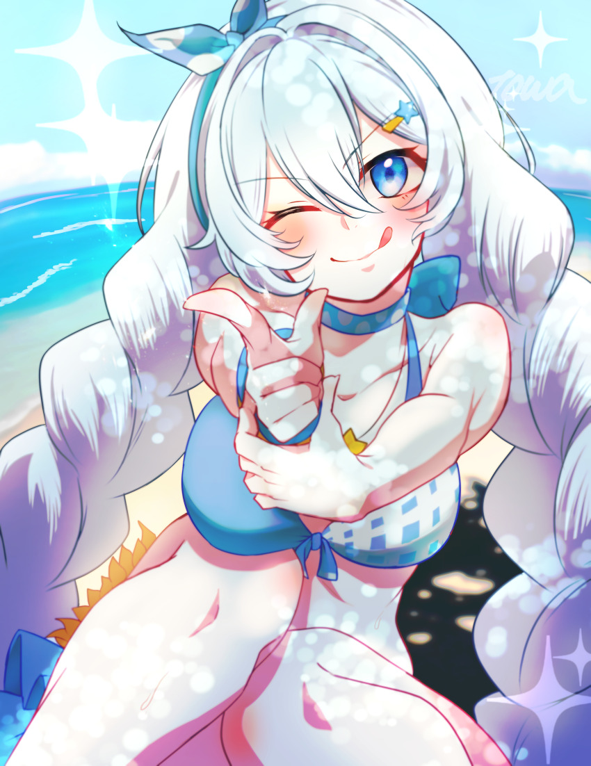 1girl ;) absurdres aqua_bikini beach bikini blue_eyes braid breasts collarbone headband highres honkai_(series) honkai_impact_3rd honkai_impact_3rd_icon_parody jewelry kiana_kaslana kiana_kaslana_(sunny_beach) large_breasts long_hair looking_at_viewer necklace one_eye_closed outdoors pointing pointing_at_viewer sand satoyukitowa shadow smile solo swimsuit tareme tongue tongue_out twin_braids very_long_hair water white_hair