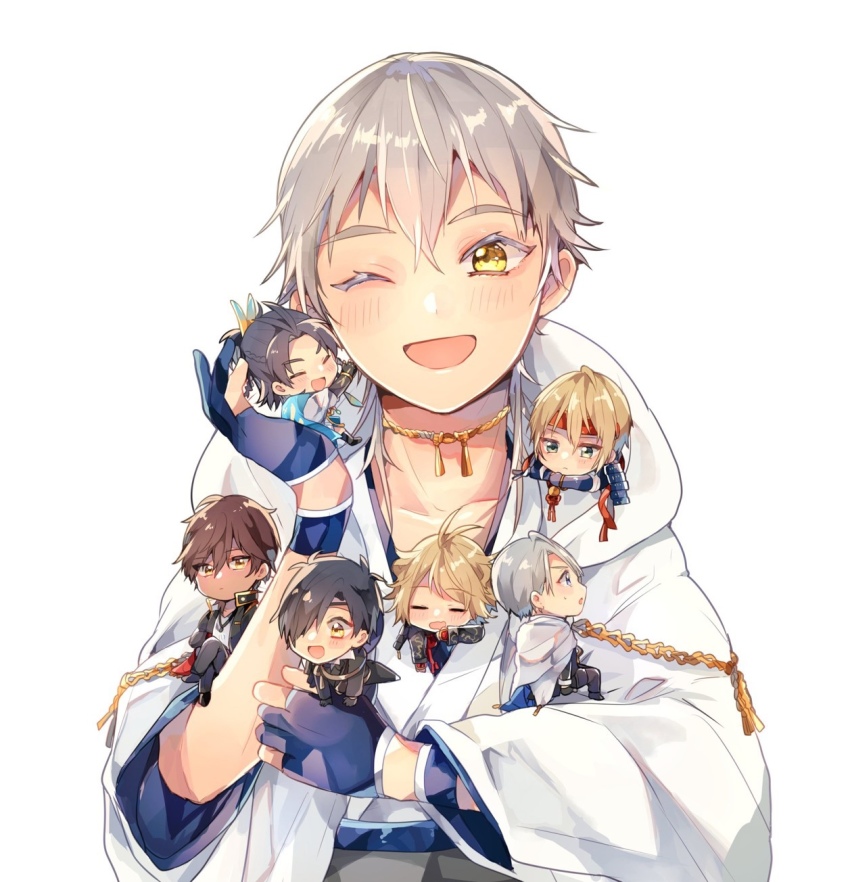 6+boys :d ;d =_= aqua_eyes armor black_gloves black_hair blonde_hair blue_eyes blue_hair brown_hair chibi eyepatch feather_hair_ornament feathers gloves hair_ornament headband highres hood japanese_armor japanese_clothes kiwame_(touken_ranbu) male_focus mini_person miniboy multiple_boys nansen_ichimonji one_eye_closed ookurikara open_mouth partially_fingerless_gloves shirano_akihiro shokudaikiri_mitsutada shoulder_armor smile sode taikogane_sadamune touken_ranbu tsurumaru_kuninaga white_hair yamanbagiri_chougi yamanbagiri_kunihiro yellow_eyes