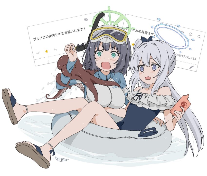 2girls animal animal_on_shoulder aqua_eyes artist_name black_hair blue_archive blue_eyes blue_halo blue_one-piece_swimsuit blue_ribbon blush breasts cellphone commentary dot_nose double-parted_bangs frilled_one-piece_swimsuit frills full_body goggles goggles_on_head green_halo halo highres holding holding_phone large_breasts long_hair looking_at_animal medium_hair miyako_(blue_archive) miyako_(swimsuit)_(blue_archive) multiple_girls octopus official_alternate_costume one-piece_swimsuit open_mouth phone ponytail rash_guard ribbon saki_(blue_archive) saki_(swimsuit)_(blue_archive) shirt smartphone snorkel surprised swimsuit teruya_(6w6y) translation_request v-shaped_eyebrows white_background white_hair white_innertube white_shirt zipper