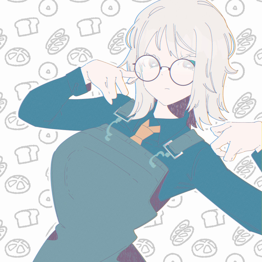 1girl absurdres apron blue_shirt collared_shirt expressionless faust_(project_moon) glasses green_apron highres limbus_company looking_at_viewer madotsuki_ren necktie patterned_background project_moon round_eyewear seven_association_south_uniform shirt short_hair solo upper_body white_background white_hair yellow_necktie