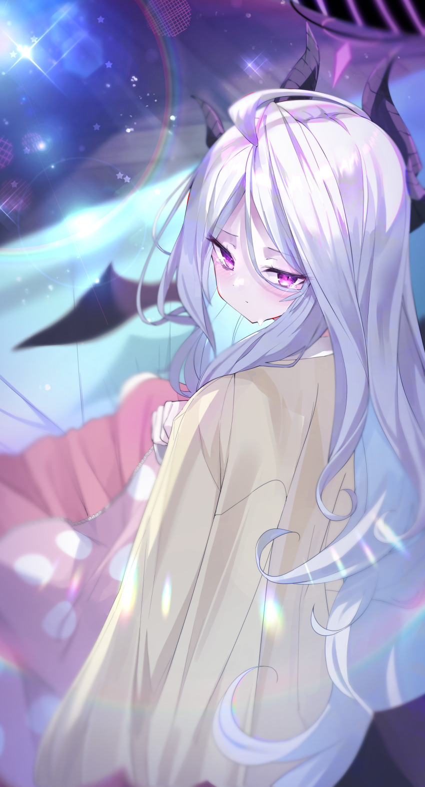 1girl absurdres ahoge blue_archive blush cardigan cardigan_on_shoulders demon_horns demon_wings dress grey_hair hair_between_eyes halo highres hina_(blue_archive) hina_(pajamas)_(blue_archive) horns kamiya_mitobe long_hair looking_at_viewer looking_back multiple_horns pink_dress polka_dot polka_dot_dress purple_eyes sitting solo straight_hair tears very_long_hair wings yellow_cardigan