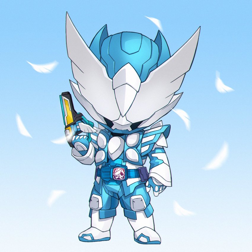 1boy armor blue_armor blue_background bodysuit boots chibi compound_eyes feathers green_background grey_bodysuit gun handgun highres holy_live kamen_rider kamen_rider_live kamen_rider_revice livegun male_focus onion_maru pistol two_sidriver upper_body weapon white_boots white_eyes wing_genome wings
