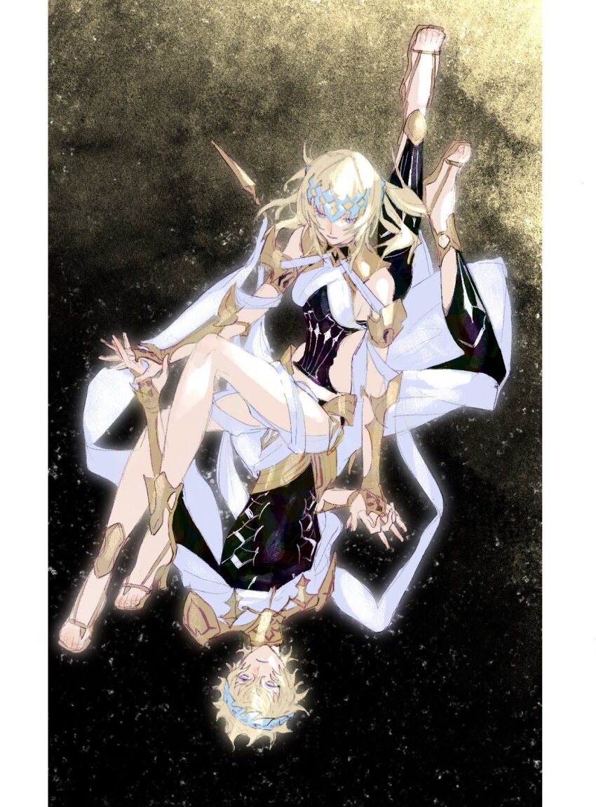 1boy 1girl armlet armor black_leggings black_shirt blonde_hair brother_and_sister castor_(fate) closed_mouth clothing_cutout collar commentary fate/grand_order fate_(series) full_body gold_armor gold_shoes hair_between_eyes high_heel_sandals highres holding_hands interlocked_fingers jewelry leggings looking_at_another looking_down metal_collar narupesoonu parted_lips pillarboxed pollux_(fate) robe rotational_symmetry sandals shirt shoes short_hair short_twintails shoulder_armor siblings side_cutout toes twins twintails upside-down vambraces white_robe