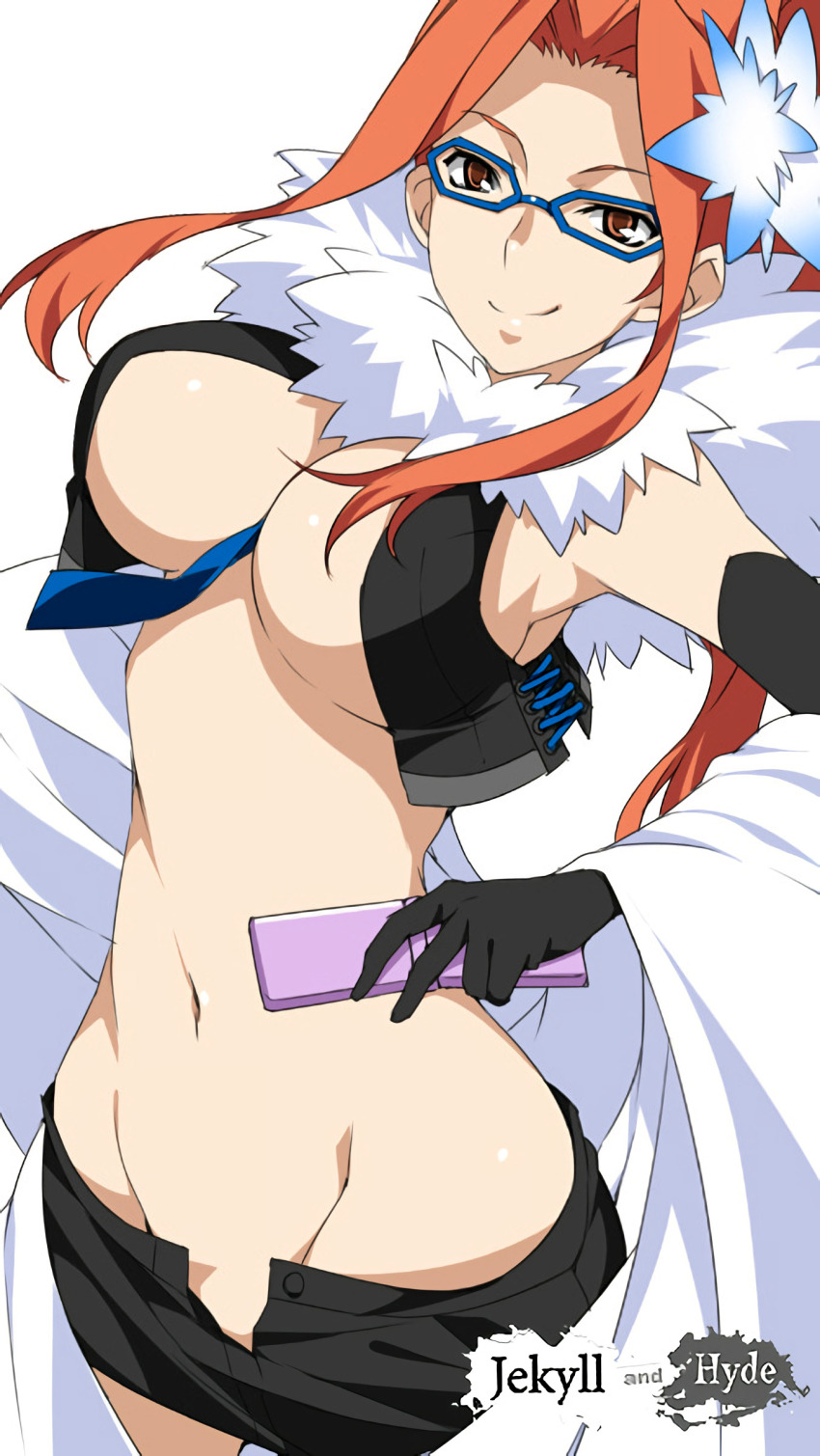1girl absurdres breasts cellphone devil_survivor_(series) devil_survivor_2 female_focus glasses gloves groin highres kujou_hinako large_breasts long_hair lowleg matching_hair/eyes miniskirt mizuki_makoto narrow_waist navel no_bra no_panties open_fly orange_eyes orange_hair phone skirt solo stomach