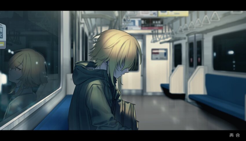 1boy backpack bag black_border blonde_hair blurry blurry_background border cr-r different_reflection from_side green_jacket holding holding_bag hood hooded_jacket jacket male_focus nijisanji reflection short_hair sitting solo train_interior upper_body uzuki_kou virtual_youtuber