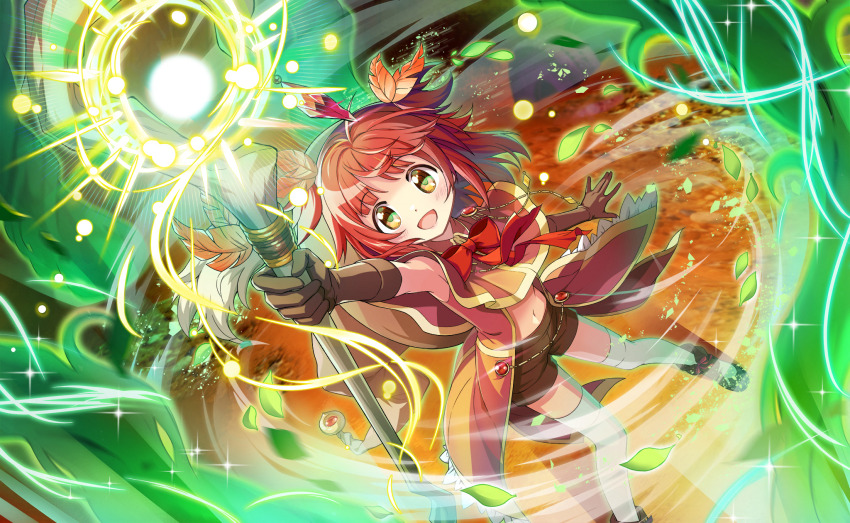 1girl akino_kaede artist_request autumn_leaves bare_shoulders black_boots black_gloves boots bow bowtie brown_hat brown_shorts capelet casting_spell clothing_cutout coat collar dot_nose elbow_gloves floating_clothes floating_hair footwear_bow frilled_collar frills from_above full_body game_cg gloves hair_ornament happy hat hat_on_back highres leaf leaf_hair_ornament light_blush light_particles long_hair looking_at_viewer magia_record:_mahou_shoujo_madoka_magica_gaiden magical_girl mahou_shoujo_madoka_magica mahou_shoujo_madoka_magica_magia_exedra navel official_art open_clothes open_coat open_mouth orange_capelet orange_coat orange_eyes red_bow red_bowtie red_hair shorts sleeveless sleeveless_coat smile solo sparkle standing stomach_cutout tareme thighhighs two_side_up white_thighhighs wind witch&#039;s_labyrinth witch_hat