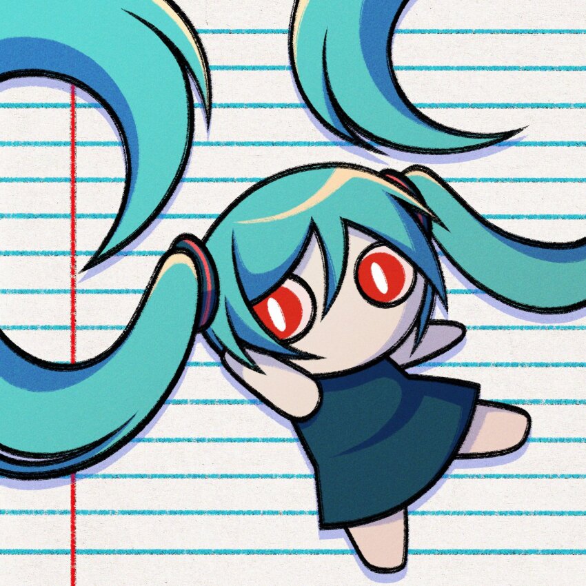 1girl aimaina bare_arms barefoot blue_dress blue_hair bright_pupils chibi chibi_only cryptidhermit dress floating_hair hair_between_eyes hatsune_miku highres lined_paper long_hair looking_at_viewer no_mouth no_nose red_eyes solo twintails very_long_hair vocaloid white_pupils