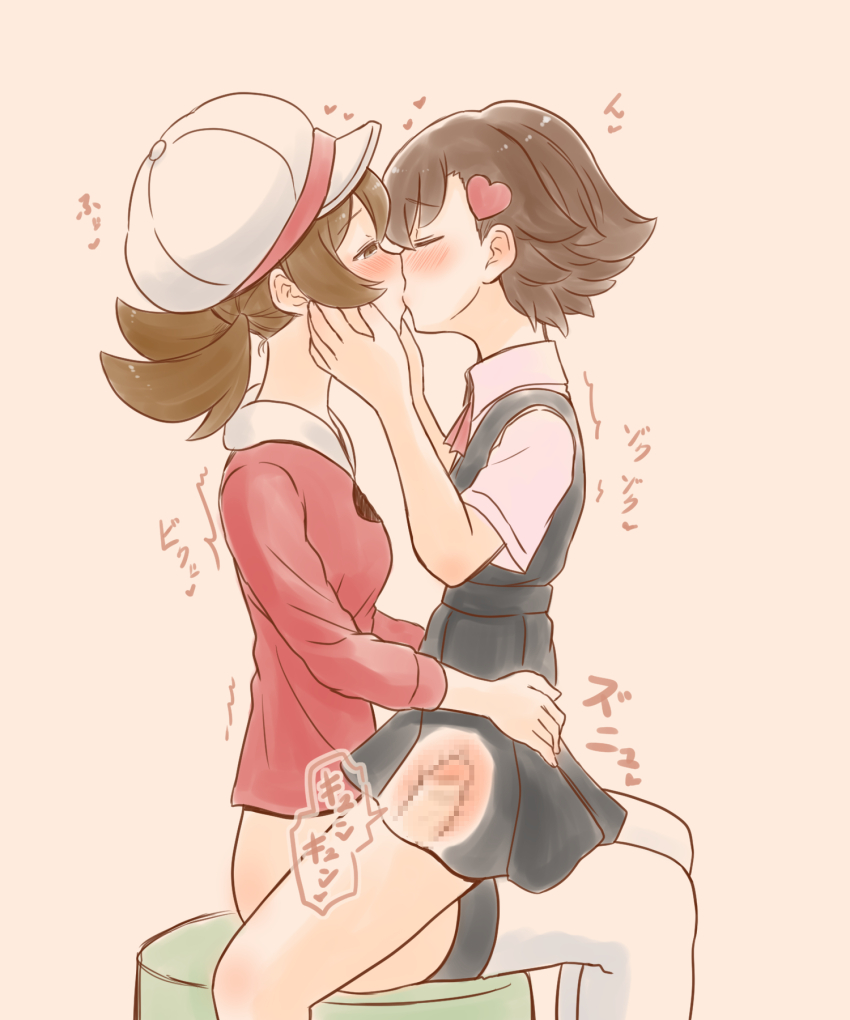 1futa 1girl azumanishiki black_dress blush brown_hair closed_eyes clothed_sex dress futa_with_female futanari girl_on_top hair_ornament hands_on_another&#039;s_hips hat heart_ornament highres kiss lass_(pokemon) lass_(pokemon_hgss) lyra_(pokemon) newsboy_cap nintendo npc_trainer pokemon pokemon_hgss red_shirt riding school_uniform sex shirt short_hair straddling thighhighs translation_request vaginal white_hat white_thighhighs x-ray yuri