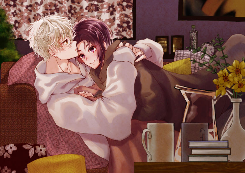 2boys blue_lock closed_mouth couch daffodil floral_print flower highres long_sleeves lying lying_on_another male_focus mikage_reo multiple_boys nagi_seishirou on_couch purple_hair short_hair smile white_hair yaoi yellow_flower yomogi_(user_rvdf7243)