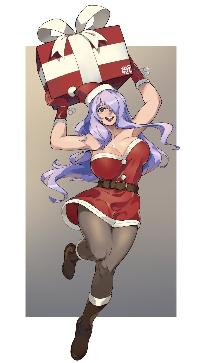 1girl absurdres alternate_costume black_boots black_pantyhose boots border bow box breasts camilla_(fire_emblem) christmas cleavage collarbone commentary commission dress english_commentary fire_emblem fire_emblem_fates fur_trim gift gift_box hair_over_one_eye highres holding holding_gift large_breasts long_hair nintendo one_eye_covered open_clothes open_mouth pantyhose purple_eyes purple_hair red_dress red_headwear santa_costume santa_dress smile snowcie strapless strapless_dress very_long_hair white_border white_bow