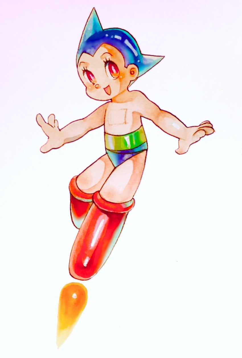 1boy atom_(tetsuwan_atom) black_hair blue_hair blush bright_pupils eyelashes fire flying full_body hashi84e highres looking_at_viewer male_focus open_mouth red_eyes short_hair simple_background solo tetsuwan_atom white_background white_pupils