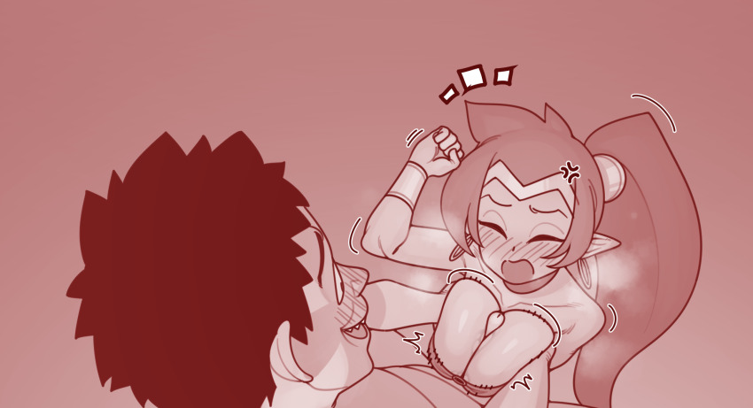 1boy 1girl annoyed arm_up armpit_peek blush bracer breasts breasts_squeezed_together bursting_breasts cleavage clenched_hand closed_eyes clothed_female_nude_male collarbone earrings ekz_(robotekz) from_above genie grabbing_another&#039;s_breast groping hetero highres hoop_earrings jewelry large_breasts long_hair monochrome motion_lines nude o-ring o-ring_top open_mouth paizuri paizuri_under_clothes penis pointy_ears red_theme shantae shantae_(series)