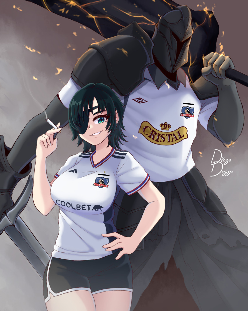 1boy 1girl absurdres alternate_costume armor asymmetrical_dual_wielding black_armor black_hair black_shorts breastplate breasts cerveza_cristal chainsaw_man cigarette colo_colo colored_skin commentary_request coolbet cowboy_shot crossover dark_souls_(series) dark_souls_ii dolphin_shorts drogo_doggo dual_wielding eyepatch fire fume_knight greatsword green_eyes grey_skin grin highres himeno_(chainsaw_man) holding holding_cigarette large_breasts looking_at_viewer pauldrons short_hair shorts shoulder_armor signature smile soccer_uniform spanish_commentary sportswear sword weapon