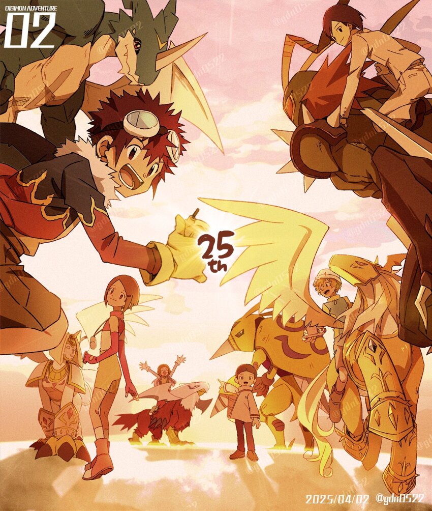 3girls 6+boys all_fours bird blue_scales brown_eyes brown_hair bug copyright_name d-3_(digimon) dated digimon digimon_adventure_02 digmon dragon drill flame_print gdn0522 goggles goggles_on_head group_picture hida_iori highres holsmon ichijouji_ken inoue_miyako jacket long_hair motomiya_daisuke multiple_boys multiple_girls nefertimon pegasmon pegasus print_jacket riding short_hair stingmon takaishi_takeru twitter_username watermark watermark_grid white_wings wings xv-mon yagami_hikari