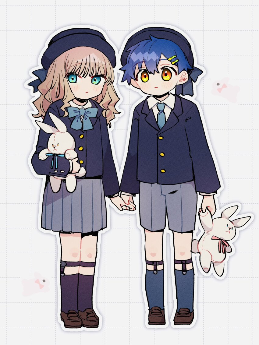 1boy 1girl aged_down asanaka_yomogi blue_hair bow bowtie brown_hair couple gorillapan_z green_eyes gridman_universe gridman_universe_(movie) hair_ornament hairclip hat hetero highres holding holding_hands holding_stuffed_toy jacket long_hair long_sleeves looking_at_viewer minami_yume necktie rabbit school_uniform shirt short_hair skirt ssss.dynazenon stuffed_animal stuffed_rabbit stuffed_toy yellow_eyes