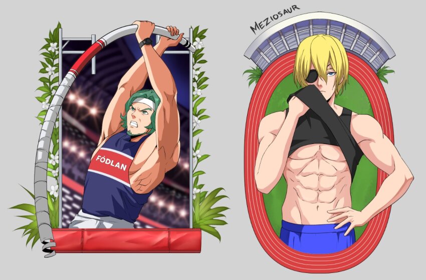 2boys abs bare_pectorals beard blonde_hair blue_eyes clenched_teeth clothes_lift commentary dimitri_alexandre_blaiddyd dimitri_alexandre_blaiddyd_(timeskip) english_commentary eyepatch facial_hair fire_emblem fire_emblem:_three_houses green_eyes green_hair headband lifting_own_clothes male_focus meziosaur multiple_boys navel nintendo pectorals pole_vault seteth_(fire_emblem) shirt_lift sidepec tank_top teeth toned toned_male underpec
