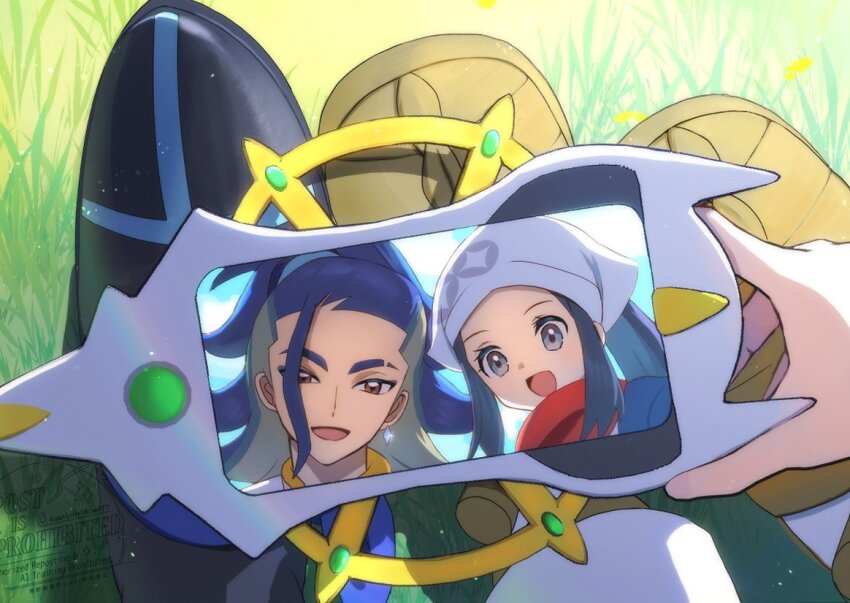 1boy 1girl adaman_(pokemon) akari_(pokemon) ako_(rawhji0rdbsmzf7) arc_phone blue_eyes blue_hair brown_eyes cellphone grass holding holding_phone looking_at_object looking_at_phone nintendo open_mouth phone pokemon pokemon_legends:_arceus selfie smartphone smile standing