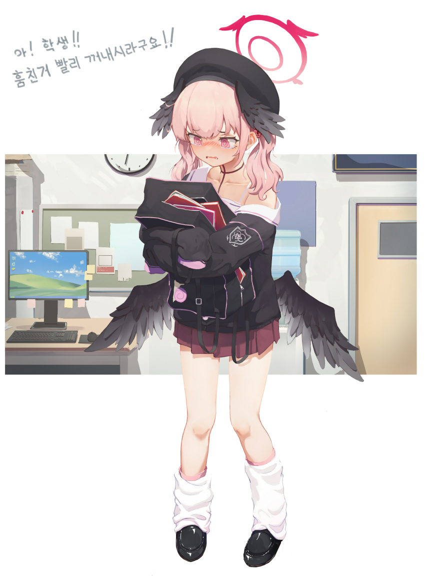 1girl absurdres bag blue_archive book computer greentree highres koharu_(blue_archive) korean_text loose_socks socks solo