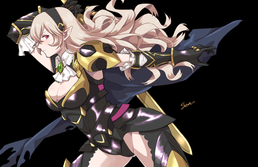 1girl armor armored_leotard black_armor black_hairband blue_cape cameltoe cape female_corrin_(fire_emblem) female_corrin_(nohr_noble)_(fire_emblem) fire_emblem fire_emblem_fates fire_emblem_heroes gauntlets hairband highres leotard long_hair nintendo official_alternate_costume pointy_ears sena_(jcwe4828) yato_(fire_emblem)