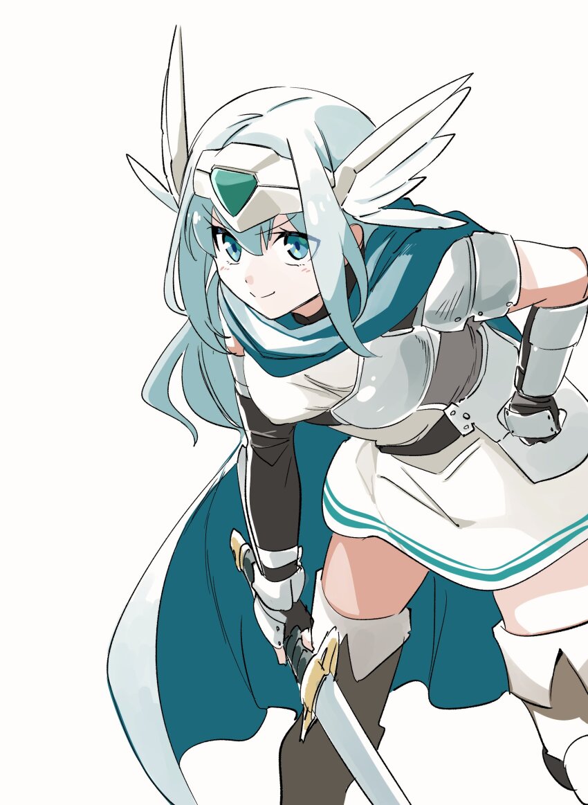 1girl absurdres armor blue_cape blue_hair boots cape commentary dress head_wings headband highres holding holding_sword holding_weapon kato_takuji long_hair looking_at_viewer ma_no_mono-tachi melisha_(ma_no_mono-tachi) solo sword thigh_boots upper_body weapon white_background white_dress wings