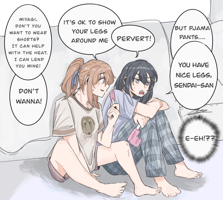 2girls barefoot black_hair blue_eyes blue_pants blue_ribbon brown_hair commentary elephon english_commentary english_text food hair_ribbon highres holding holding_food holding_popsicle miyagi_shiori multiple_girls open_mouth pants parted_lips plaid_clothes plaid_pants ponytail popsicle purple_shirt ribbon sendai_hazuki shirt short_sleeves shuuniichido_classmate_wo_kau_hanashi sitting smile speech_bubble sweat toes white_shirt yuri