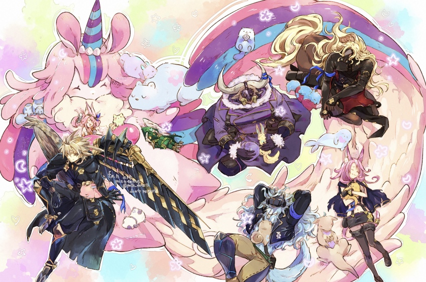 2girls 4boys alpaca animal animal_ear_fluff animal_ears animal_hug artist_name asymmetrical_wings bandeau bare_shoulders bear bird cat cat_ears cat_girl cat_tail centaur closed_eyes closed_mouth commentary_request dog duel_monster everyone feathered_wings fennec_fox full_body highres horns horse kitt_(yu-gi-oh!) lying mechanical_wings melffy_catty melffy_fenny melffy_mommy melffy_pinny melffy_pony melffy_puppy melffy_rabby melffy_wally mismatched_wings mizutama_(mizutamalion) monster_boy multicolored_fur multiple_boys multiple_girls navel neck_fur on_back open_mouth orange_bandeau otter ox_ears ox_horns panda partial_commentary pelvic_curtain penguin polar_bear rabbit raccoon seal_(animal) sidelocks sitting skirt sleeping smile suspender_skirt suspenders tail talons taur torn_clothes tri-brigade_ferrijit_the_barren_blossom tri-brigade_fraktall tri-brigade_kerass tri-brigade_kitt tri-brigade_mercourier tri-brigade_nervall tri-brigade_rugal_the_silver_sheller tri-brigade_shuraig_the_ominous_omen twitter_username wallaby_(animal) wings wolf_boy wolf_ears wolf_tail yu-gi-oh!