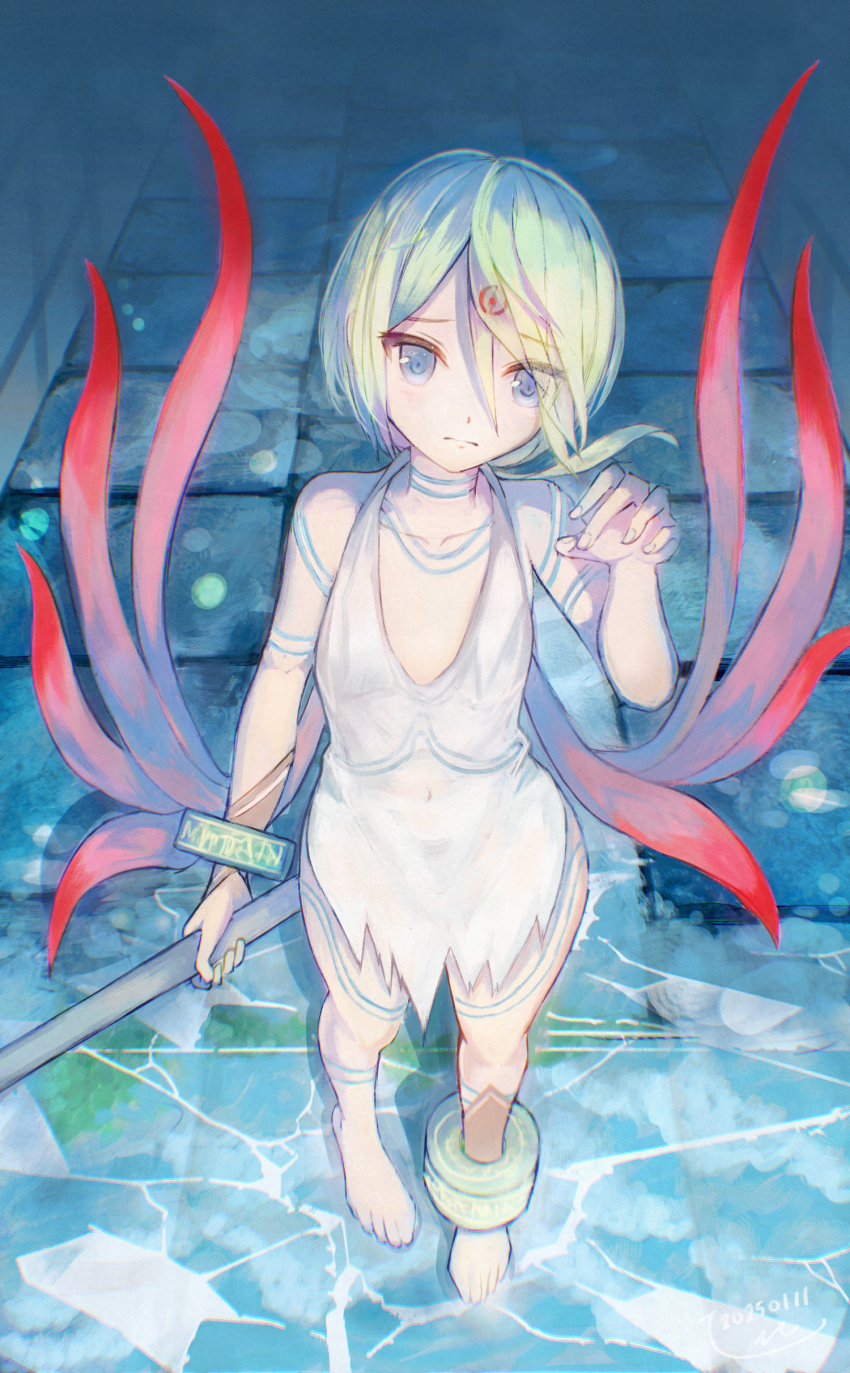 1girl absurdres arm_up barefoot blonde_hair blue_eyes body_markings bracelet breath_of_fire breath_of_fire_v center_opening commentary_request crack cracked_floor dress flat_chest frown full_body gradient_wings highres holding holding_polearm holding_weapon indoors jewelry leglet light_particles looking_at_viewer medium_hair multicolored_wings nina_(breath_of_fire_v) polearm red_wings sad solo stone_floor weapon white_dress wings yuga-kusakata