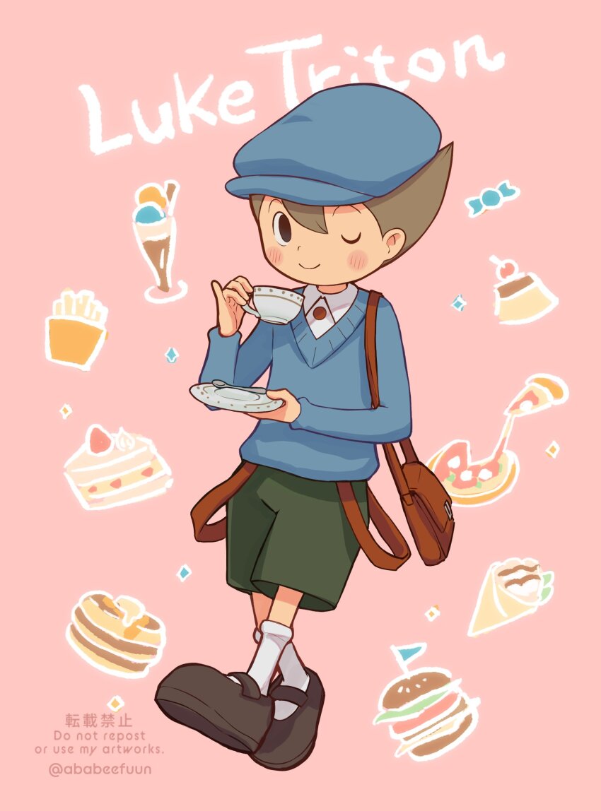 1boy abarenbou_bifun absurdres bag blue_hat blue_sweater blush brown_bag brown_hair brown_shoes burger newsboy_cap cake cake_slice candy character_name closed_mouth collared_shirt commentary crepe cup food french_fries full_body green_shorts hand_up hat highres holding holding_cup holding_saucer long_sleeves looking_at_viewer luke_triton male_focus one_eye_closed pancake pink_background pizza professor_layton pudding saucer shirt shoes short_hair shorts shoulder_bag smile socks solo spoon standing suspenders_hanging sweater symbol-only_commentary teacup twitter_username white_shirt white_socks
