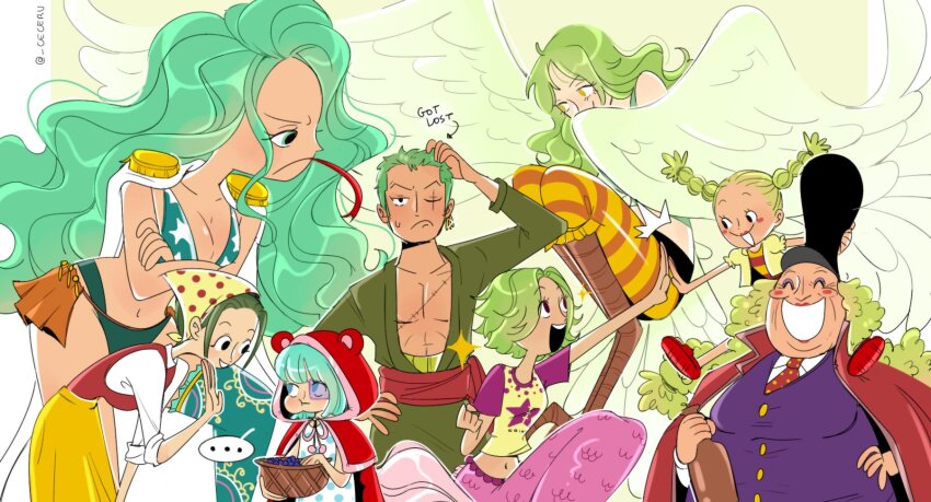 1boy 6+girls blush_stickers boa_sandersonia camie_(one_piece) cape cesel chimney_(one_piece) crossed_arms earrings epaulettes green_hair green_kimono haramaki hat headscarf highres japanese_clothes jewelry kimono kokoro_(one_piece) long_hair makino_(one_piece) mermaid monet_(one_piece) monocle monster_girl multiple_girls one_eye_closed one_piece purple_vest roronoa_zoro scar scar_across_eye scar_on_face sidelocks skirt smile stitched_torso stitches sugar_(one_piece) twintails twitter_username v-shaped_eyebrows vest wavy_hair white_cape wings yellow_skirt