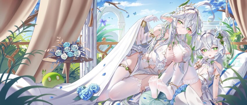 2girls absurdres ahoge alternate_breast_size_(larger) bare_shoulders blue_flower blush bracelet braid breasts chinese_commentary cleavage closed_mouth clothing_cutout collarbone commentary_request day dendro_slime_(genshin_impact) dress elbow_gloves flower garter_straps genshin_impact gloves gradient_hair green_eyes green_hair hair_between_eyes hair_flower hair_ornament hand_up highres jewelry jndfh large_breasts leaf_hair_ornament long_hair looking_at_viewer multicolored_hair multiple_girls nahida_(genshin_impact) navel navel_cutout open_mouth pelvic_curtain pointy_ears rukkhadevata_(genshin_impact) side_ponytail sitting slime_(genshin_impact) small_breasts smile symbol-shaped_pupils table thighhighs thighlet very_long_hair white_dress white_garter_straps white_gloves white_hair white_thighhighs