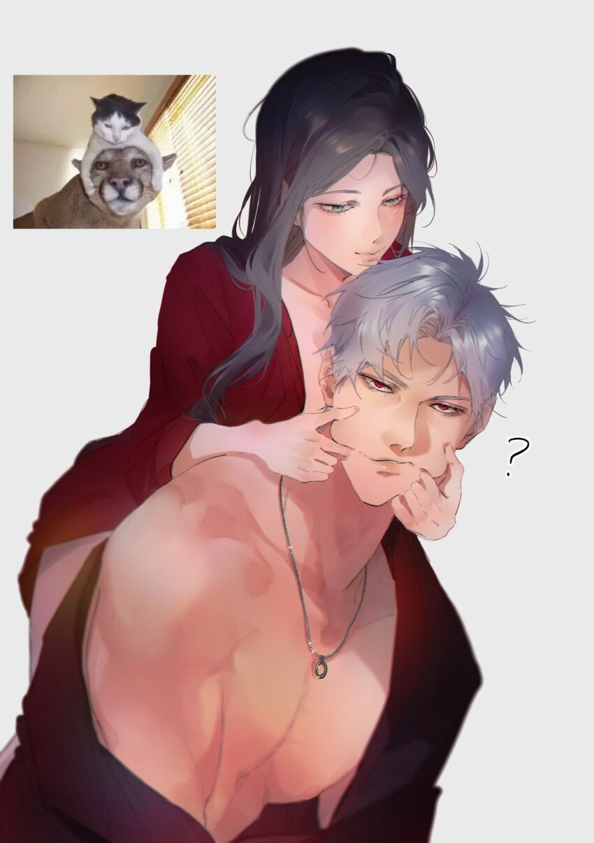 1boy 1girl ? bare_pectorals bare_shoulders blush brown_hair closed_mouth collarbone couple eyelashes green_eyes hetero highres jewelry lips long_hair looking_at_another looking_at_viewer love_and_deepspace necklace ng_ai0 parted_bangs pectorals photo_inset protagonist_(love_and_deepspace) red_eyes smile sylus_(love_and_deepspace) white_background white_hair