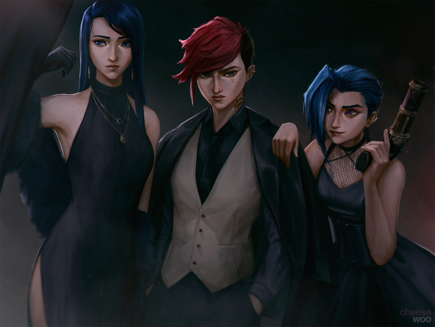 3girls alternate_costume arcane:_league_of_legends arcane_caitlyn arcane_jinx arcane_vi artist_name asymmetrical_bangs bare_shoulders black_dress black_gloves black_jacket black_necktie black_pants black_shirt blue_eyes blue_hair caitlyn_(league_of_legends) cheesewoo chest_tattoo closed_mouth commentary dress dress_shirt ear_piercing earrings elbow_gloves english_commentary evening_gown facial_mark feather_boa formal_clothes gloves grey_eyes grey_vest gun hand_on_another&#039;s_shoulder handgun hands_in_pockets highres holding holding_gun holding_weapon jacket jacket_on_shoulders jewelry jinx_(league_of_legends) league_of_legends lips looking_at_another looking_at_viewer looking_to_the_side multiple_girls neck_tattoo necklace necktie nose_piercing nose_ring pants piercing pink_hair pistol purple_eyes scar scar_on_face shirt short_hair siblings side_slit sisters sleeveless sleeveless_dress suit tattoo vest vi_(league_of_legends) weapon