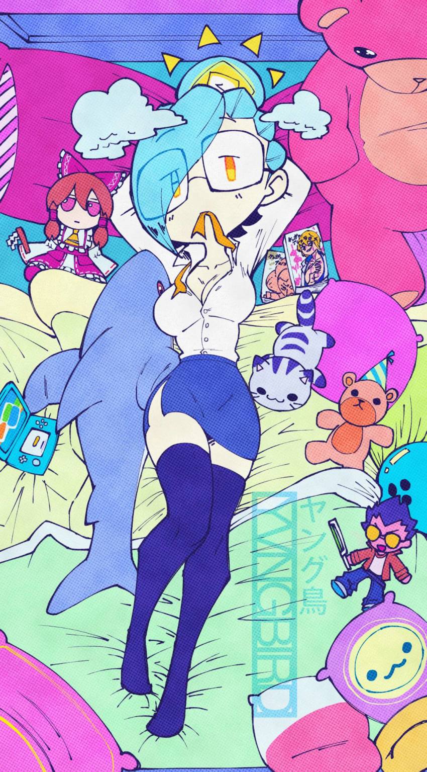 1girl blue_hair cat clown dolphin full_body fumo_(doll) glasses hair_over_eyes hakurei_reimu hand_in_own_hair handheld_game_console highres lying manga_(object) nintendo_3ds no_shoes office_lady on_bed one_eye_covered orange_eyes original pillow shirt solo stuffed_animal stuffed_toy sun teddy_bear thighhighs travis_touchdown white_shirt yellow_eyes yungbird