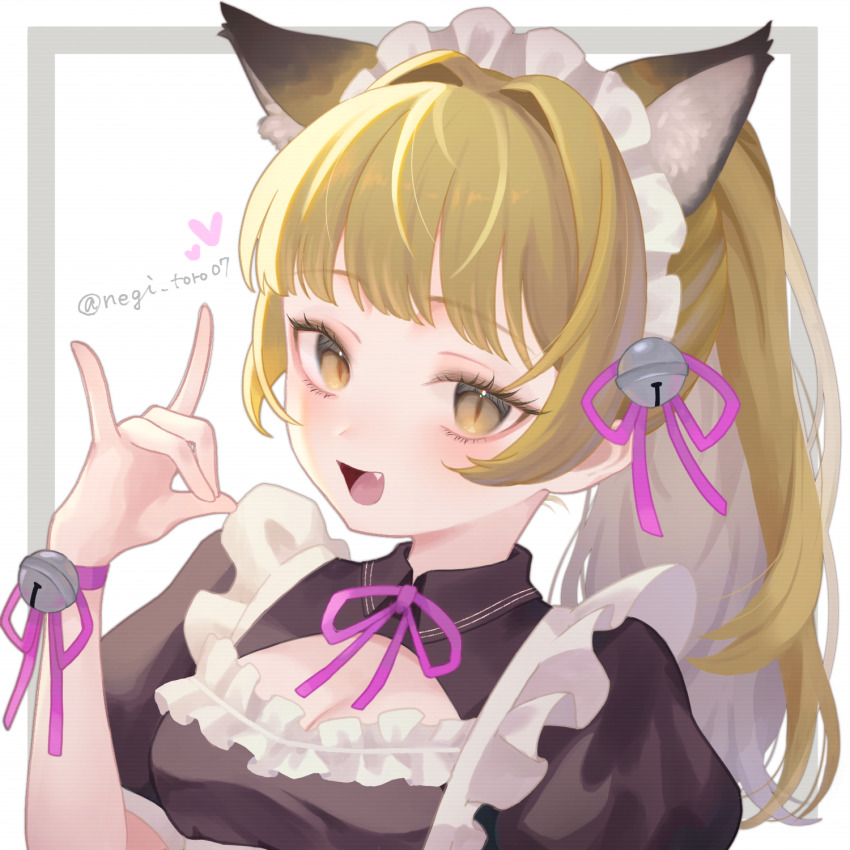 1girl animal_ears bell blonde_hair breasts cleavage extra_ears fang fox_ears highres jingle_bell looking_at_viewer maid maid_headdress nagi-negitoro original solo twitter_username