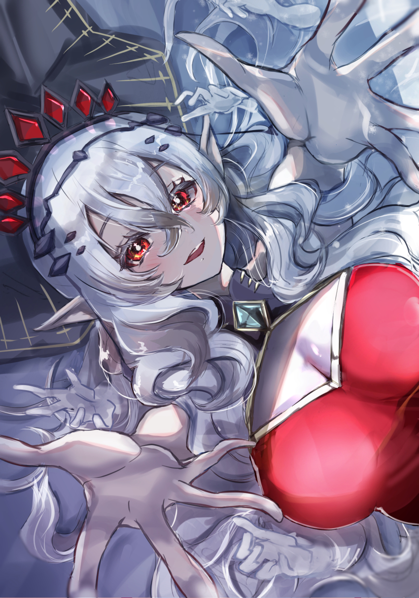 1girl blazing_cartesia_the_virtuous blush breasts cleavage dress duel_monster ecclesia_(yu-gi-oh!) grey_hair highres large_breasts long_hair noppe parted_lips pointy_ears reaching reaching_towards_viewer red_dress red_eyes solo upper_body yu-gi-oh!