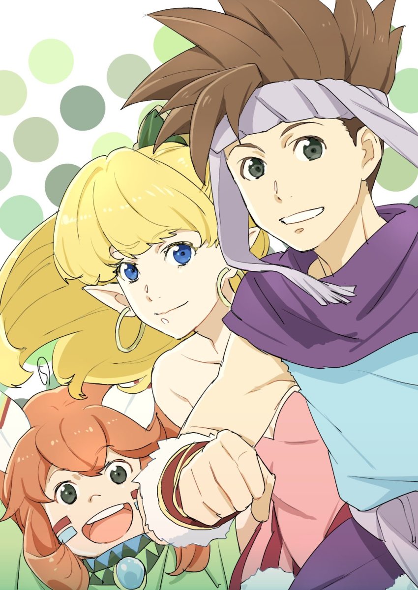 1boy 1girl 1other androgynous bare_shoulders blonde_hair blue_eyes breasts brown_hair closed_mouth earrings headband highres jewelry kobayashi_chizuru long_hair looking_at_viewer open_mouth pointy_ears ponytail popoi_(seiken_densetsu_2) primm_(seiken_densetsu_2) randi_(seiken_densetsu_2) red_hair seiken_densetsu seiken_densetsu_2 smile spiked_hair