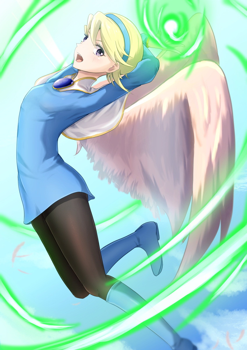 1girl absurdres angel_wings blonde_hair blue_boots blue_eyes boots breasts breath_of_fire breath_of_fire_iv dress feathered_wings hairband highres knee_boots looking_at_viewer magic nina_(breath_of_fire_iv) open_mouth pantyhose short_hair skirt small_breasts smile solo very_short_hair white_wings wings witch_f