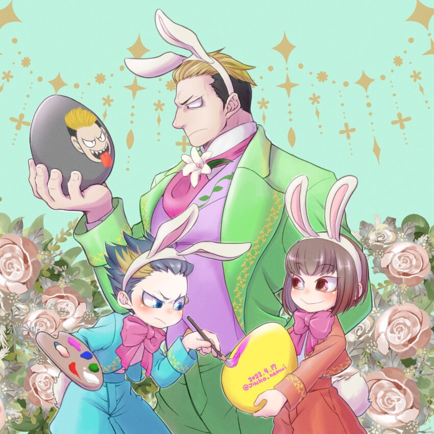 3boys animal_ears blue_hair blue_suit bow bowl_cut bowtie brown_hair easter easter_egg egg fatal_fury flower formal_clothes green_suit highres holding holding_paint_palette jin_chonrei jin_chonshu jinko_nemui multicolored_hair multiple_boys paint_palette painting_(action) rabbit_ears rabbit_tail red_suit streaked_hair suit tail yamazaki_ryuuji