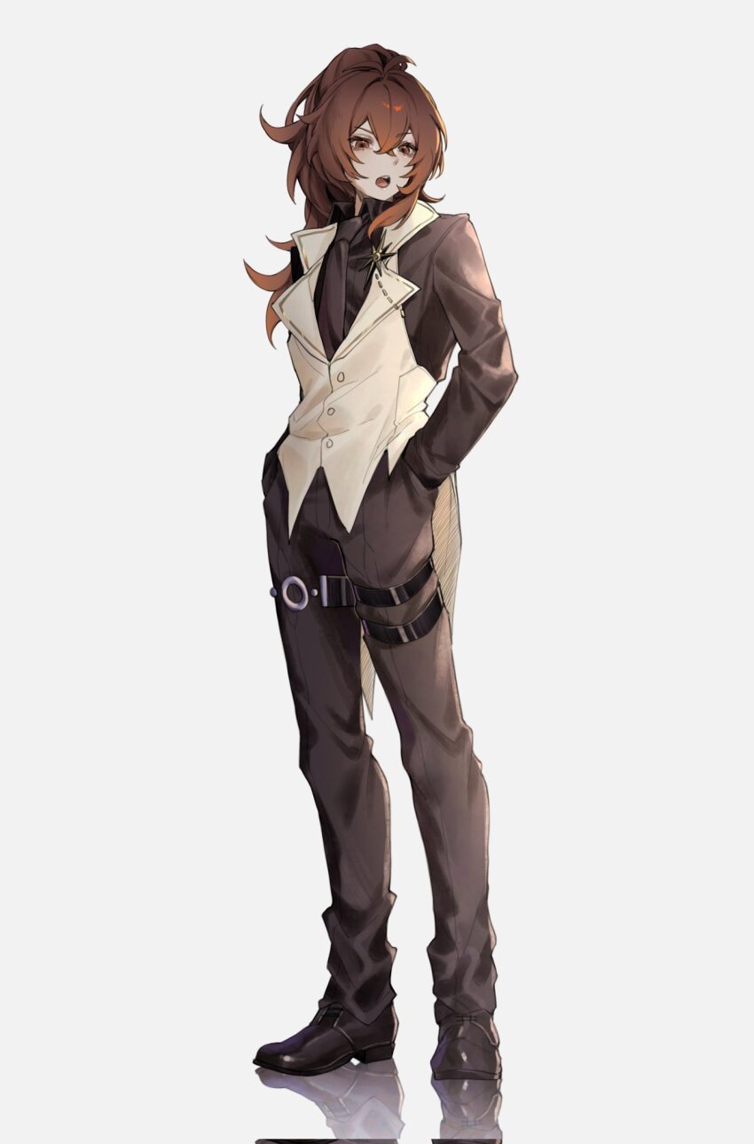 1boy black_shoes commentary_request diluc_(genshin_impact) genshin_impact hair_between_eyes hand_in_pocket high_ponytail highres invisible_floor long_hair male_focus open_mouth ponytail red_eyes red_hair reflective_floor shoes simple_background solo standing teeth upper_teeth_only white_background zehuij