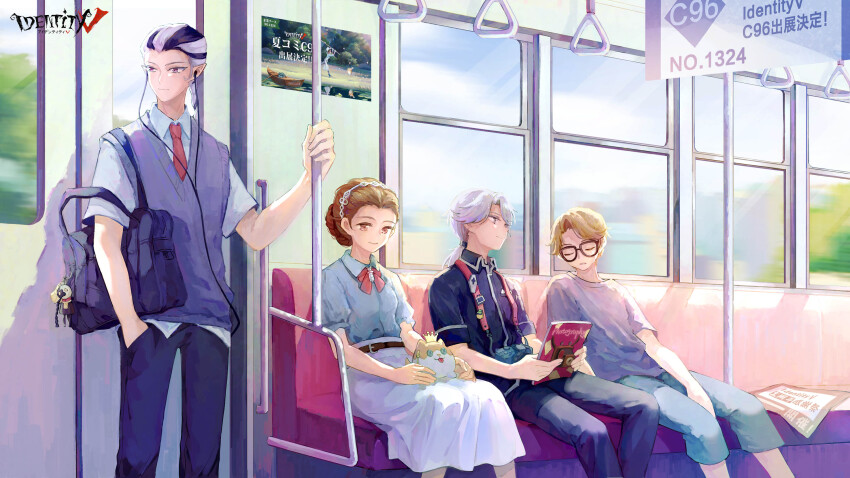 1girl 3boys aesop_carl alternate_costume animal animal_on_lap bag bag_charm belt between_legs black-framed_eyewear black_belt black_hair black_pants black_shirt blonde_hair blue_pants blue_shirt book bow bowtie braid brown_eyes brown_hair camera cat charm_(object) collared_shirt comiket_96 copyright_name curtained_hair earphones emily_dyer expressionless freckles glasses grey_eyes grey_sweater_vest hair_between_eyes hair_bun hair_pulled_back hairband hand_between_legs hand_grip hand_in_pocket highres holding holding_book identity_v long_hair looking_to_the_side lucky_guy medium_skirt multiple_boys necktie official_art on_lap pants paper parted_bangs parted_lips pocket_square poster_(object) puffy_short_sleeves puffy_sleeves purple_eyes purple_shirt red_bow red_bowtie red_necktie school_bag school_uniform shirt short_sleeves single_braid single_hair_bun sitting skirt sleeping sleeping_upright smile standing suspenders sweater_vest swept_bangs t-shirt train_interior untucked_shirt white_hair white_hairband white_shirt white_skirt window xie_bian