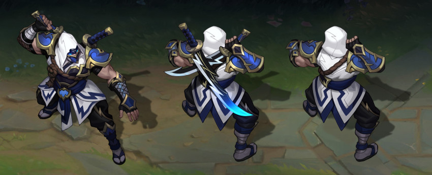 1boy armor belt black_gloves blue_belt commentary english_commentary fingerless_gloves full_body gloves glowing glowing_eyes green_eyes highres hood hood_up league_of_legends shen_(league_of_legends) shockblade_shen shoes shoulder_armor standing vladbacescu weapon weapon_on_back