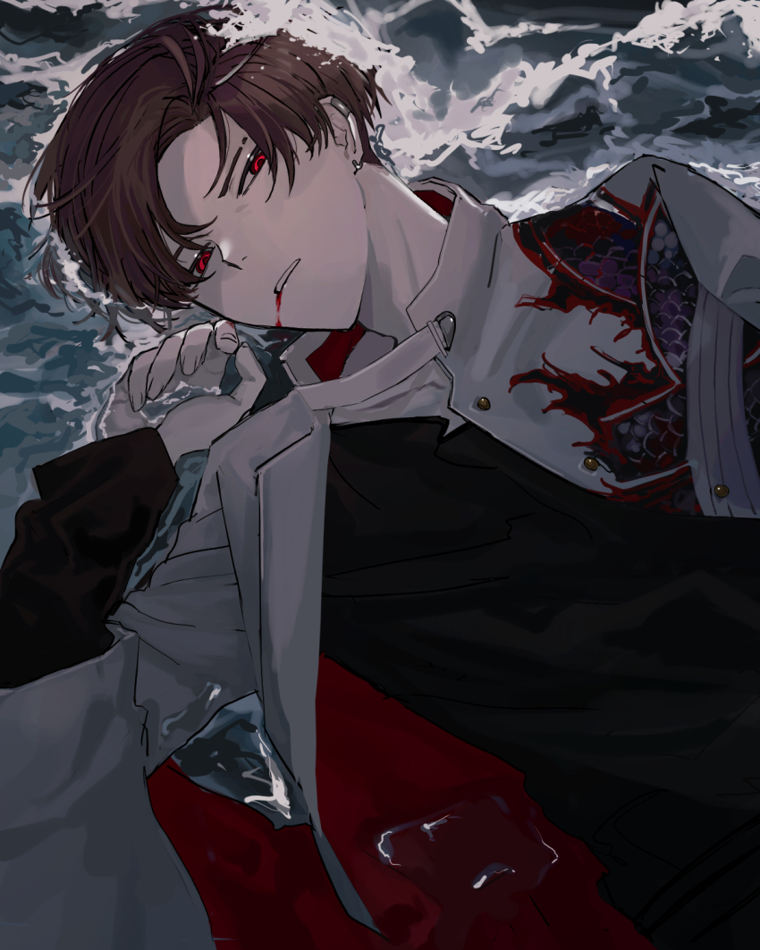 1boy black_shirt blood blood_from_mouth brown_hair commentary_request curtained_hair earclip earrings eyebrow_cut fate/grand_order fate_(series) from_above frown glaring hand_up high_collar highres jacket jewelry looking_at_viewer lying male_focus narrowed_eyes on_back open_clothes open_jacket parted_lips partially_submerged red_eyes shirt short_hair solo syakegaumai takasugi_shinsaku_(fate) takasugi_shinsaku_(first_ascension)_(fate) upper_body water waves white_jacket