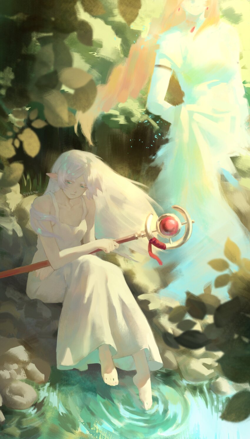 2girls 4444chen absurdres barefoot blonde_hair character_request dress elf expressionless frieren green_eyes highres holding holding_staff long_hair multiple_girls nature outdoors pointy_ears ripples sitting sousou_no_frieren staff water white_dress white_hair