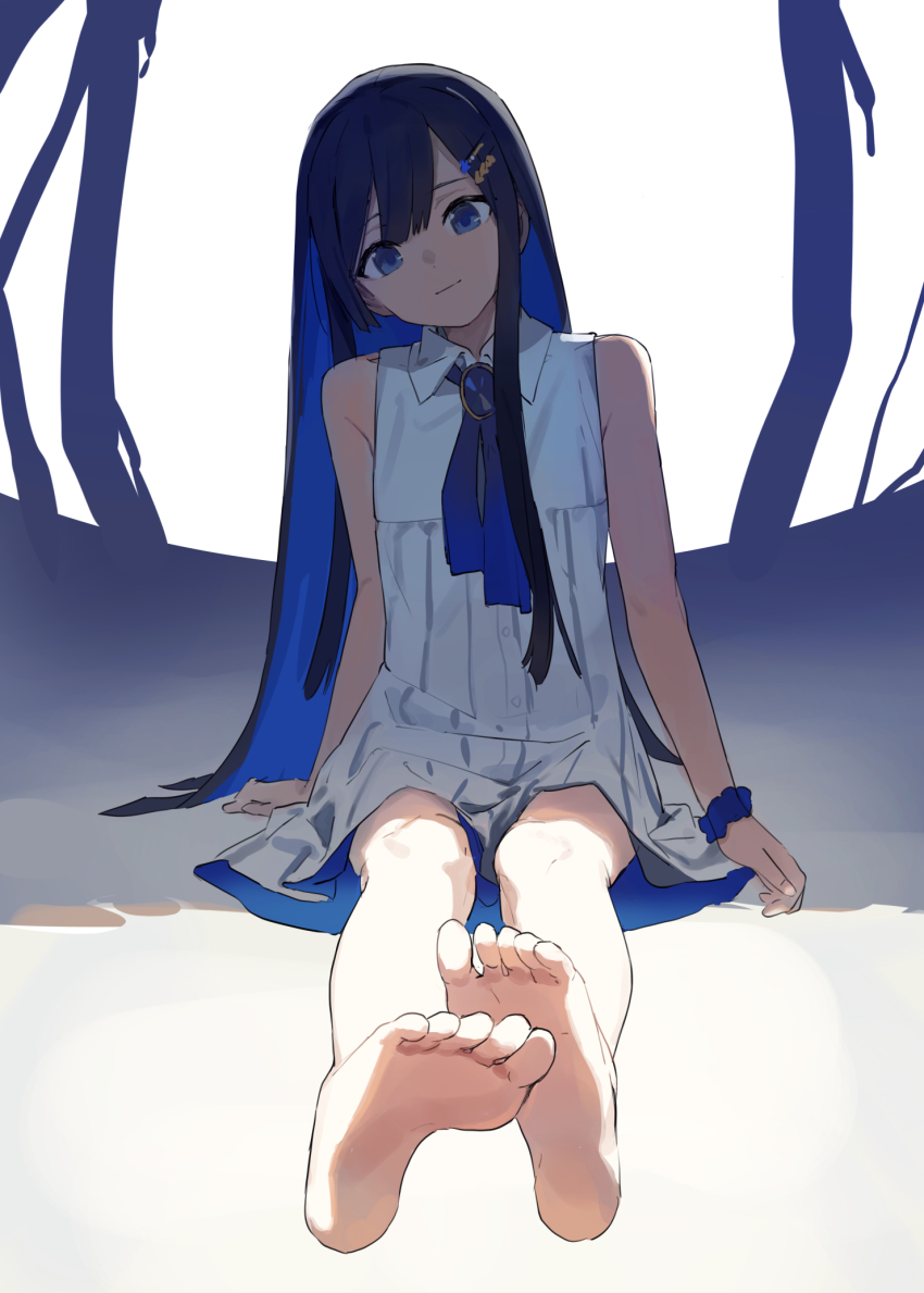 1girl abstract_background barefoot black_hair blue_background blue_eyes blue_hair blue_ribbon brooch cevio closed_mouth collared_dress colored_inner_hair commentary_request dress feet foot_focus full_body futaba_minato hair_ornament hairclip head_tilt highres hitogome jewelry light_smile long_hair looking_at_viewer multicolored_hair neck_ribbon outstretched_legs ribbon scrunchie shade sitting sleeveless sleeveless_dress solo two-tone_background white_background white_dress wrist_scrunchie