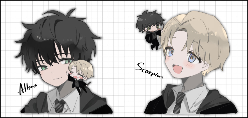 2boys absurdres albus_severus_potter black_hair black_robe blonde_hair blue_eyes chibi green_eyes hanana_(ymbk_sb) harry_potter_(series) harry_potter_and_the_cursed_child highres hogwarts_school_uniform multiple_boys necktie robe school_uniform scorpius_malfoy short_hair slytherin striped_necktie wizarding_world