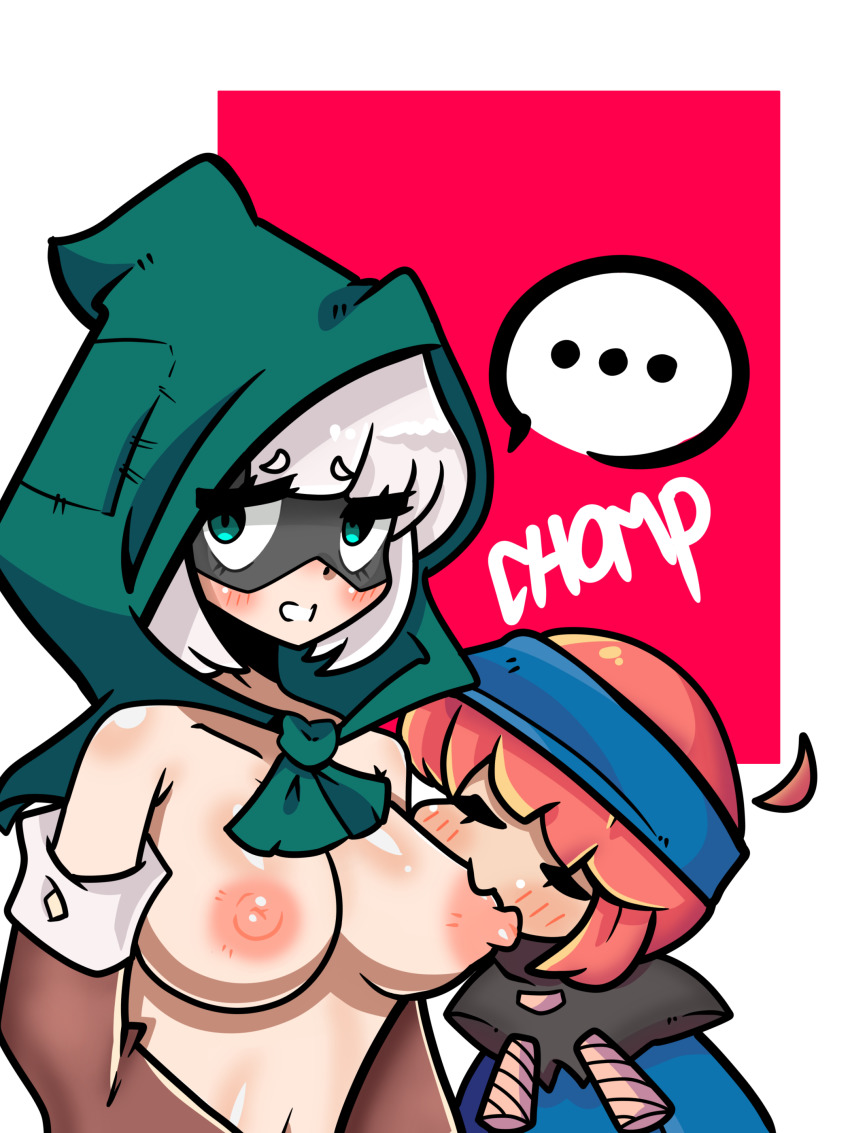 2girls absurdres bandit_(clash_royale) bare_shoulders breast_sucking breasts clash_royale closed_eyes english_text firecrackers gloves hair_ornament highres large_breasts licking licking_nipple long_sleeves looking_at_viewer mask masked multiple_girls nipple_stimulation nipples red_background self-upload simple_background speech_bubble white_background yuri