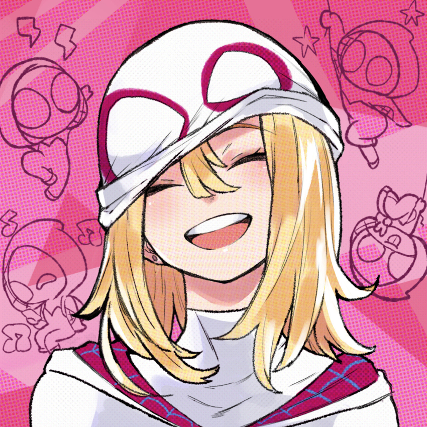 1girl :d blonde_hair chibi chibi_inset closed_eyes commentary_request gwen_stacy highres hood hood_down lightning_bolt_symbol marvel mask medium_hair musical_note open_mouth pink_background portrait smile spider-gwen spider-man_(series) star_(symbol) sushi_pizza_rrr teeth tongue tongue_out upper_teeth_only upside-down