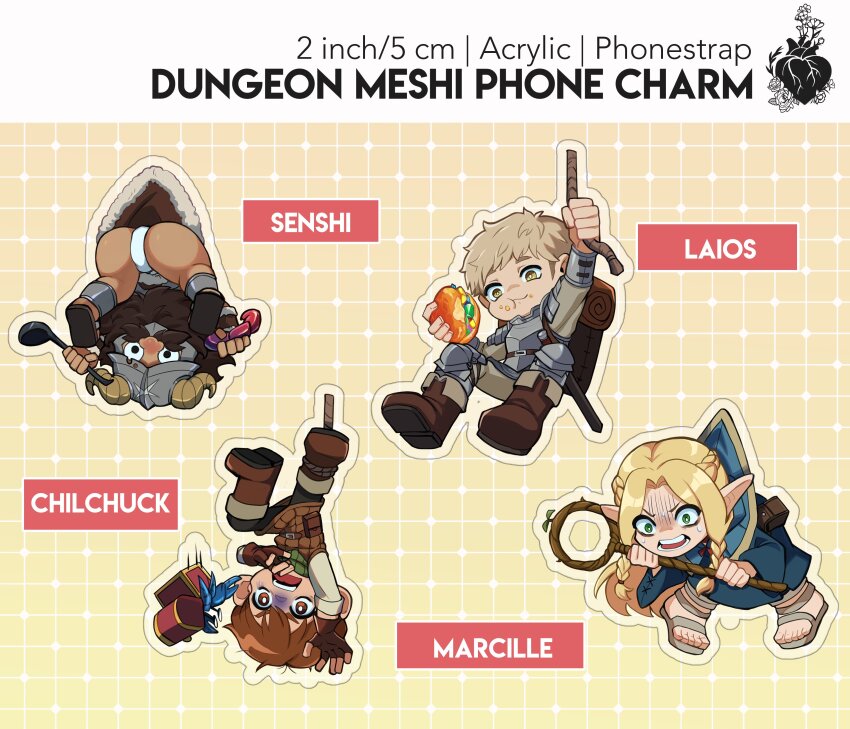 1girl 3boys absurdres ass beard bekkomi brown_hair bulge burger cellphone_charm character_charm charm_(object) chilchuck_tims dark-skinned_male dark_skin dungeon_meshi dwarf eating facial_hair fake_horns falling food helmet highres horned_helmet horns jump_rope laios_touden long_beard marcille_donato merchandise_available multiple_boys mustache senshi_(dungeon_meshi) solo thick_mustache treasure_chest turn_pale very_long_beard