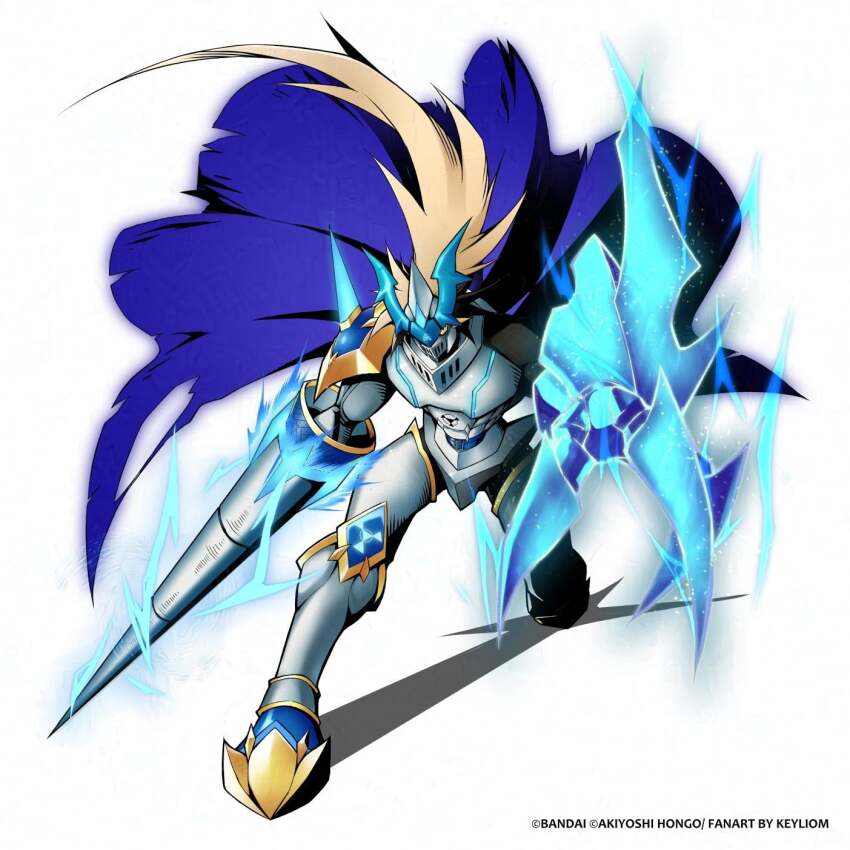 armor cape chaosdukemon chaosdukemon_core digimon digimon_(creature) digital_hazard dukemon energy highres lance oridigi polearm shadow weapon