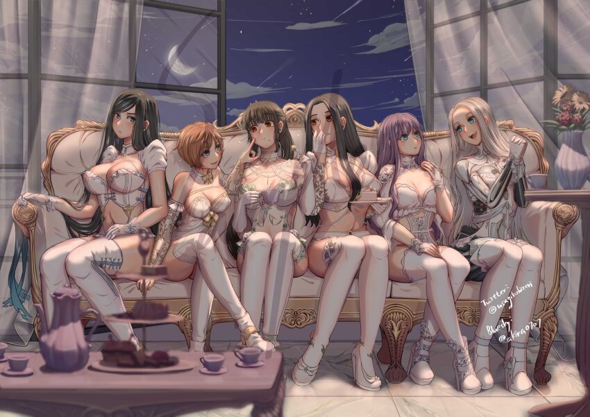 6+girls akira_(live2bakira) android artist_name black_hair blue_eyes breasts brown_eyes couch cup enya_(stellar_blade) eve_(stellar_blade) flower gloves grey_hair highres holding holding_cup kaya_(stellar_blade) lily_(stellar_blade) lingerie long_hair made_in_2024 midriff moon multiple_girls navel night night_sky on_couch own_hands_together ponytail purple_hair raven_(stellar_blade) sample_watermark sitting sky smile stellar_blade tachy_(stellar_blade) thighhighs underwear vase watermark white_footwear white_gloves white_thighhighs